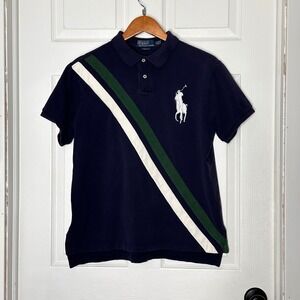 Polo Ralph Lauren Mens XL Custom Fit Navy Blue Sash Stripe Big Pony Polo Shirt